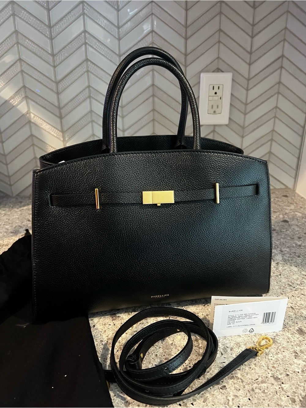Demellier Midi Hudson Black Leather Structured Satchel with Gold Hardware